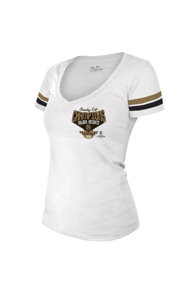 Women's Majestic Threads  Gold Vegas Golden Knights 2023 Stanley Cup Champions Striped V-Neck T-Shirt, Alternate, color, Gold