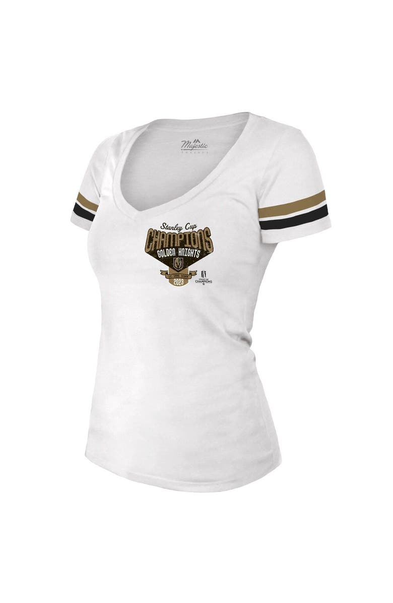Majestic Threads Women's Majestic Threads Gold Vegas Golden Knights 2023 Stanley Cup Champions Striped V-Neck T-Shirt, Alternate, color, Gold