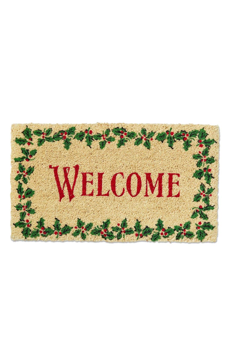 tag Welcome Holly Leaf Coir Door Mat - Natural Christmas Decor, Main, color, Green