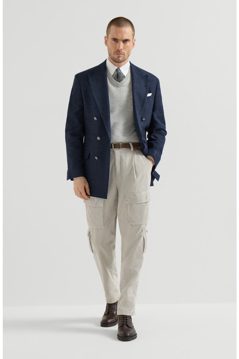 Comfort wool and cashmere Prince of Wales flannel one-and-a-half breasted Tailor blazer with metal buttons, Alternate, color, Blue