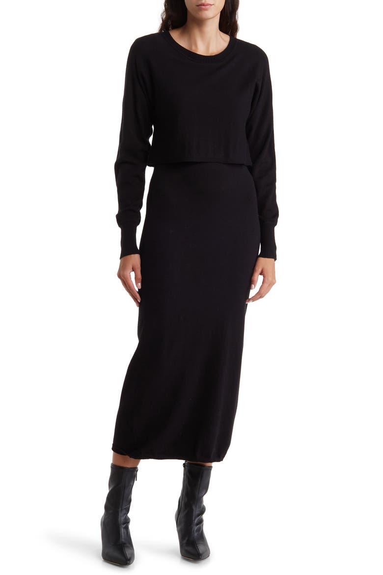 Frisco 2-Fer Sweater Midi Dress, Main, color, BLACK