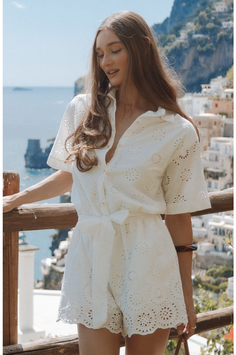 Jamie Tie Front Cotton Romper, Alternate, color, WHITE BRODERIE
