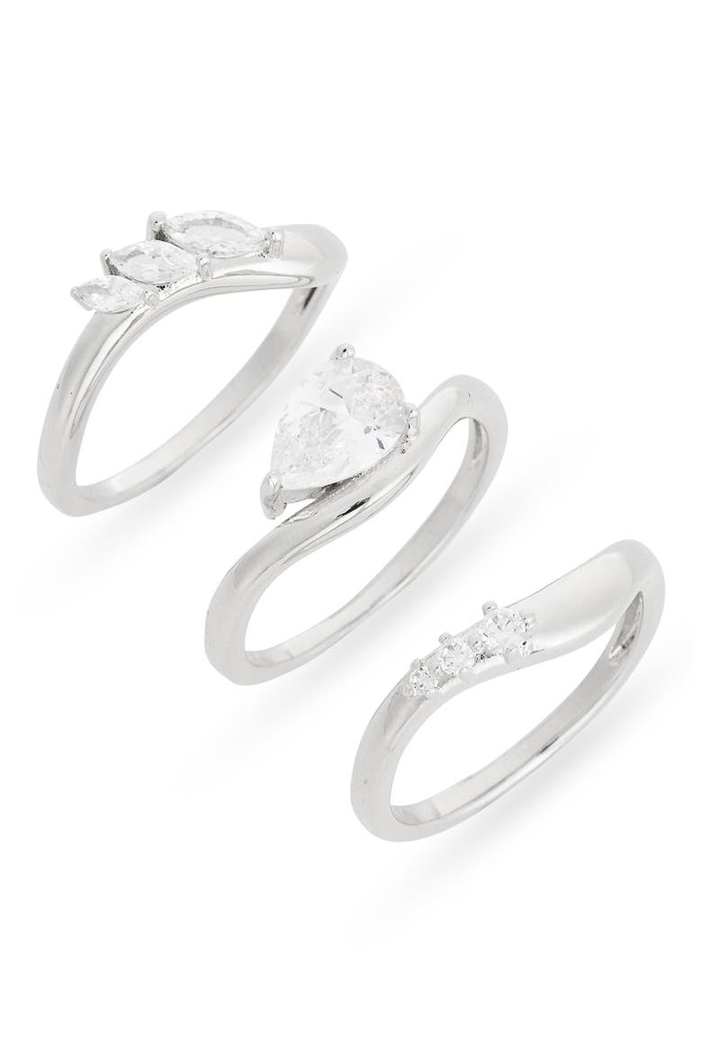 Set of 3 Cubic Zirconia Wavy Rings, Main, color, CLEAR- SILVER