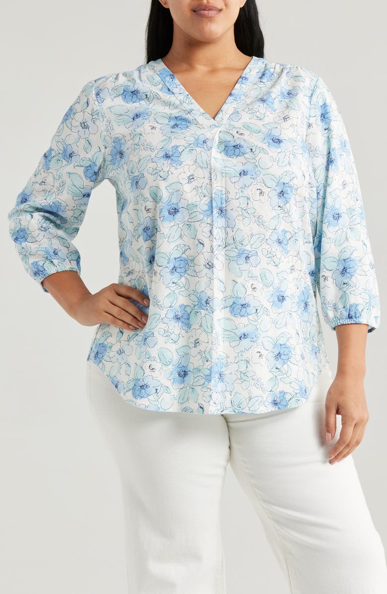 Jones New York Floral V-Neck Linen Blend Tunic, Main, color, 