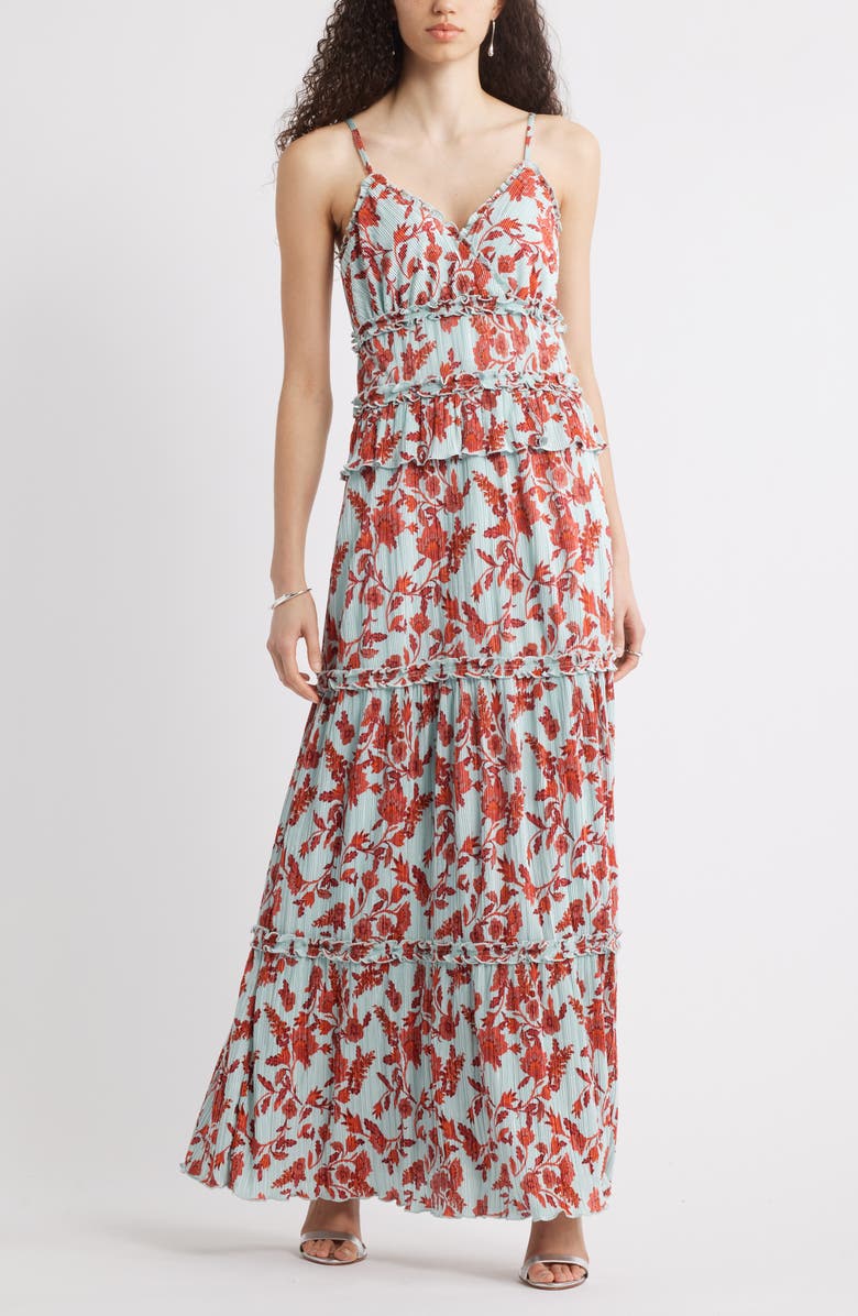 Chelsea28 Ruffle Plissé Maxi Sundress, Main, color, Blue- Red Annie Floral
