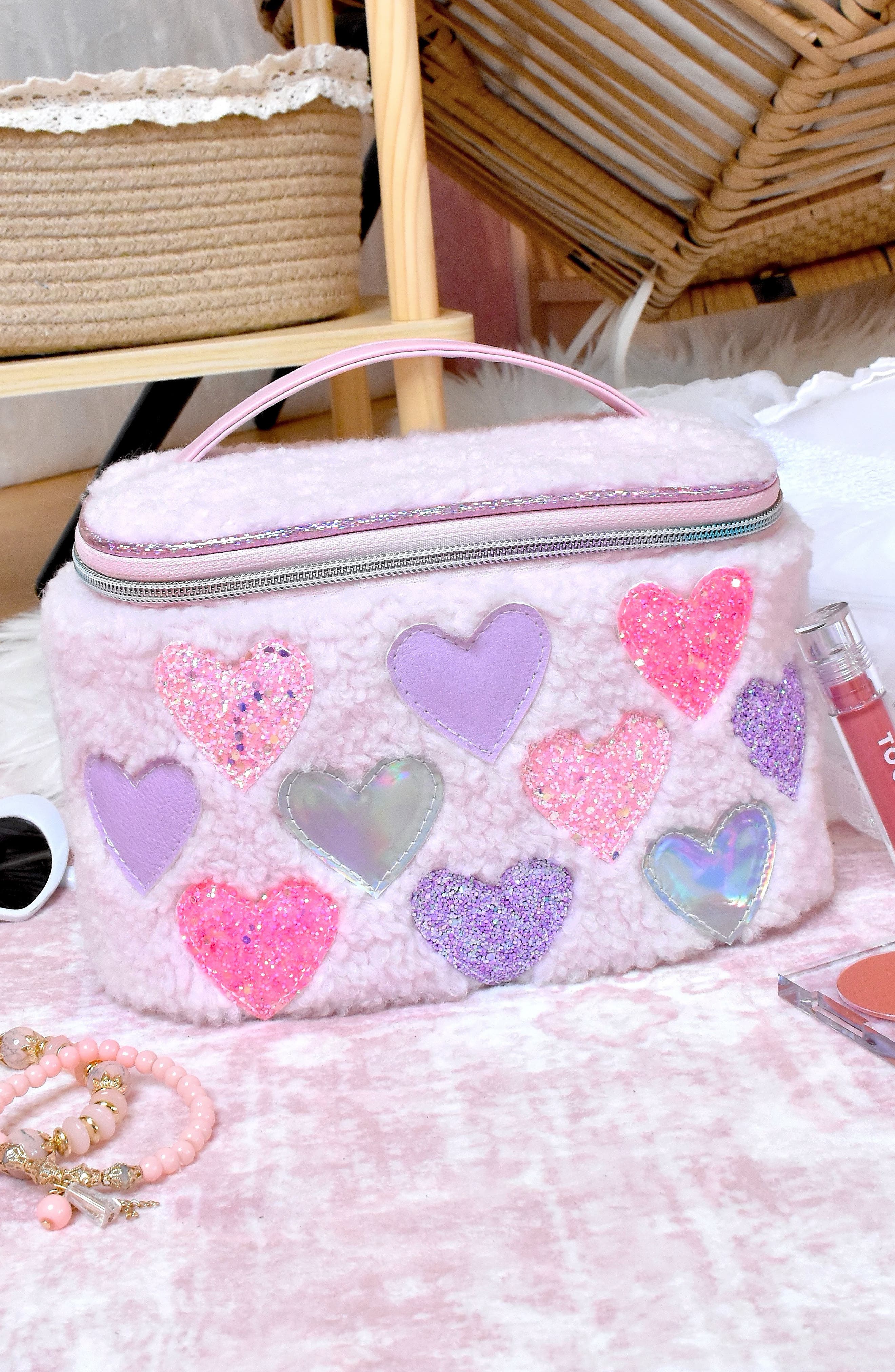 OMG Accessories Kids' Heart Faux Fur Train Case, Alternate, color, 