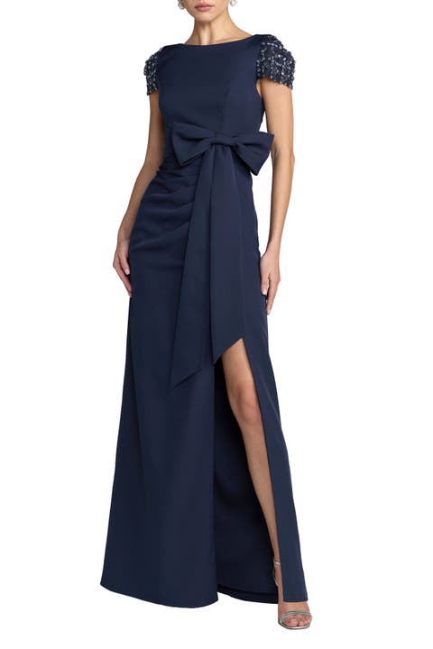 Beaded Cap Sleeve Crepe Gown With Bow and slit