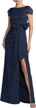 Mac Duggal Women's Beaded Cap Sleeve Crepe Gown With Bow and Slit