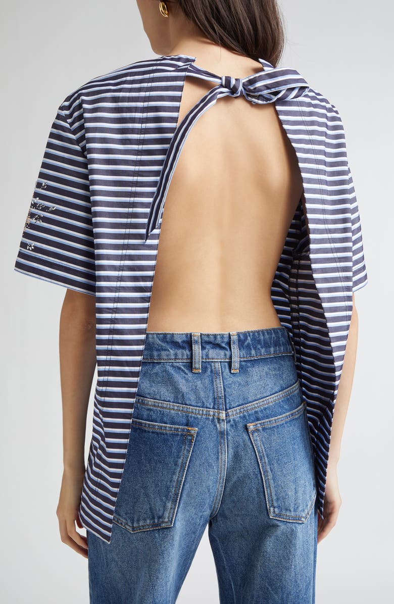 Rabanne Haut Crystal Embellished Tie Back Top, Alternate, color, Stripes Black / Blue