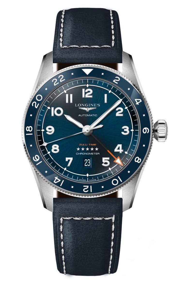 Spirit Zulu Time Leather Strap Watch, 42mm, Main, color, BLUE