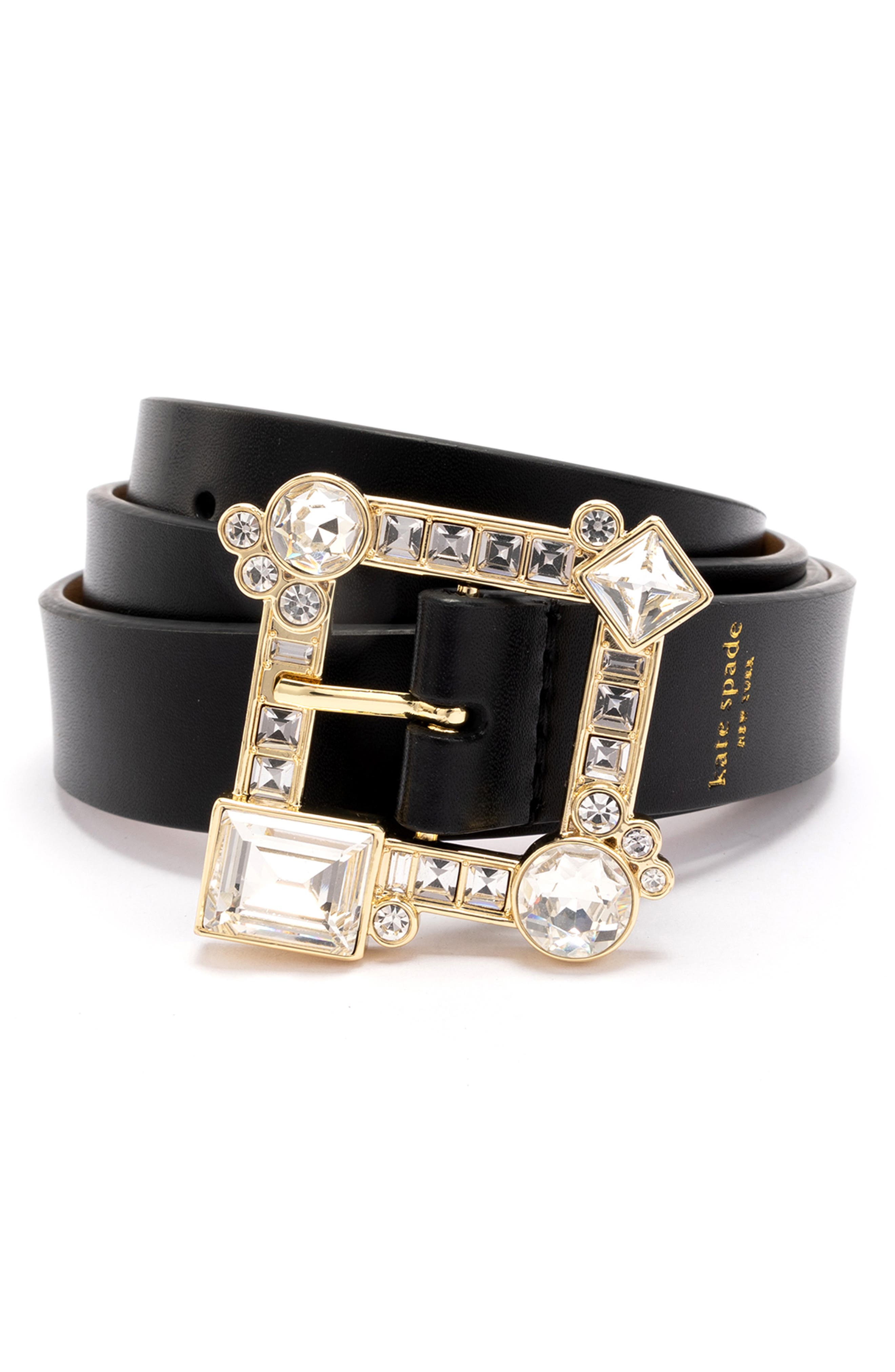 Kate Spade New York crystal buckle leather belt in Black /Clear Stones 