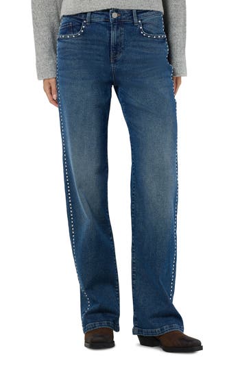 Shop Noisy May Yolanda Studded Low Rise Wide Leg Jeans