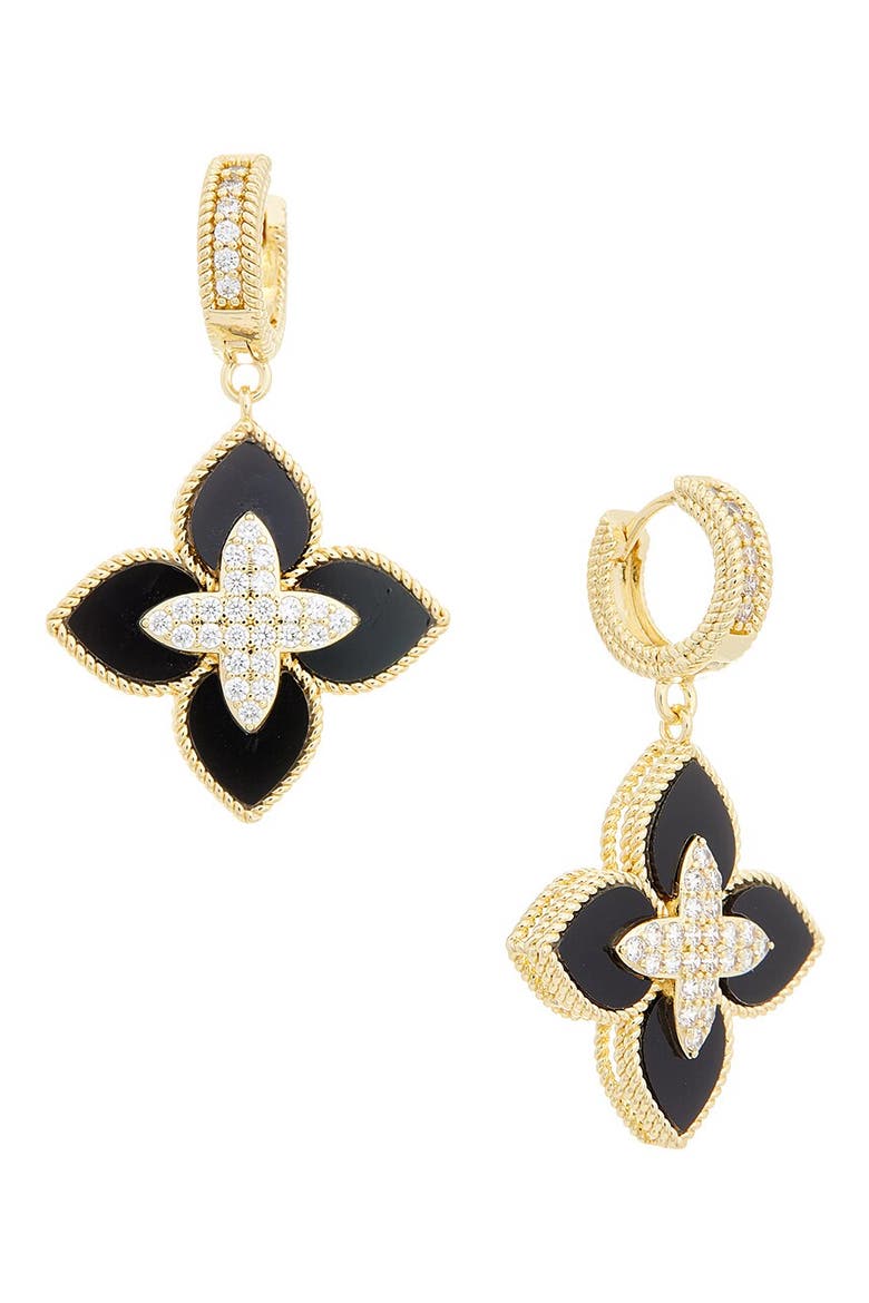 Cubic Zirconia Clover Drop Huggie Hoop Earrings, Main, color, YELLOW/BLACK