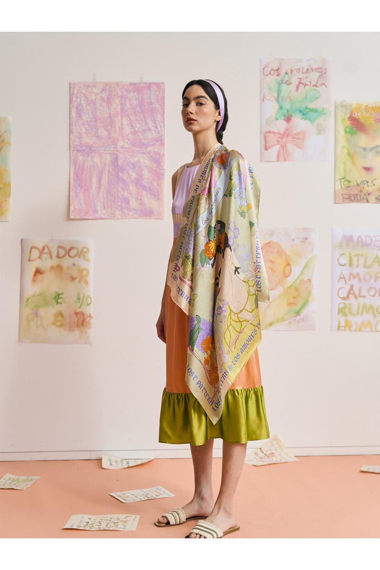 FRIDA x LOST PATTERN "Los Amores de Frida" Large Silk Scarf, Alternate, color, Pastel