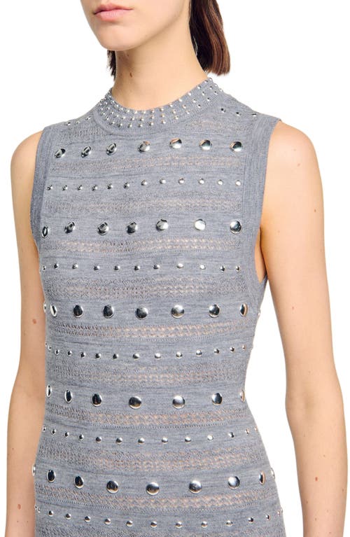 Sandro Womens Grey Studded Ruffled-hem Stretch Pointelle-knit Maxi Dress In Gray