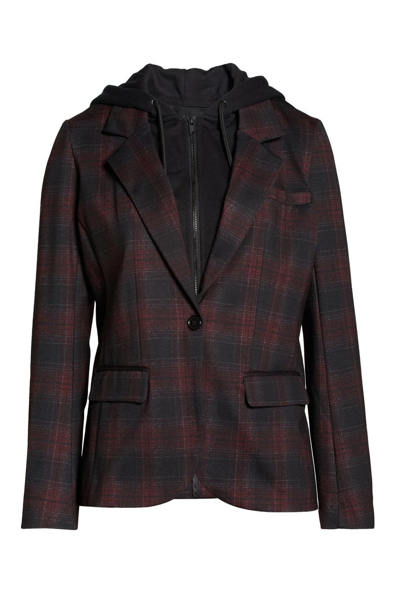 Plaid Boyfriend Blazer with Removable Hoodie Bib, Alternate, color, B/RD SHAD
