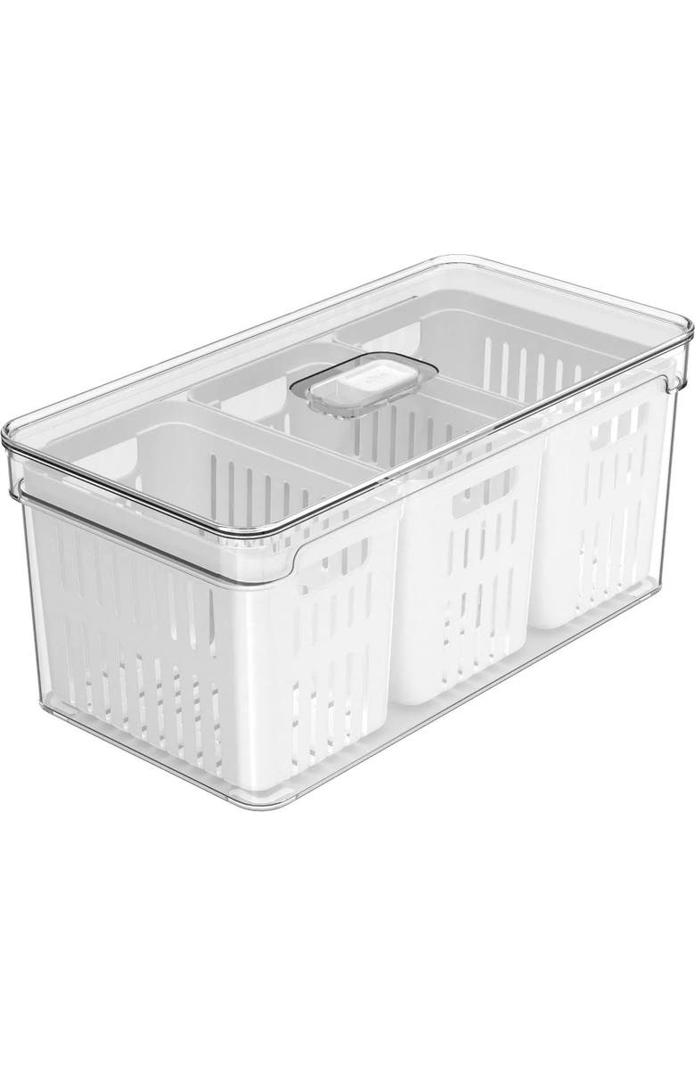 OU Clear Stackable Fridge Organizer Bin with Drain Basket and Vented Lid, 5.3 Quart Capacity, Main, color, 