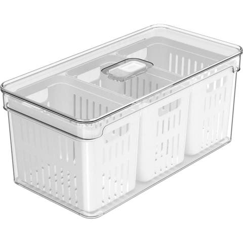 Clear Stackable Fridge Organizer Bin with Drain Basket and Vented Lid, 5.3 Quart Capacity