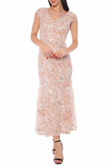 Oleg Cassini Embroidered Sequin V-Neck Cap Sleeve Mermaid Dress
