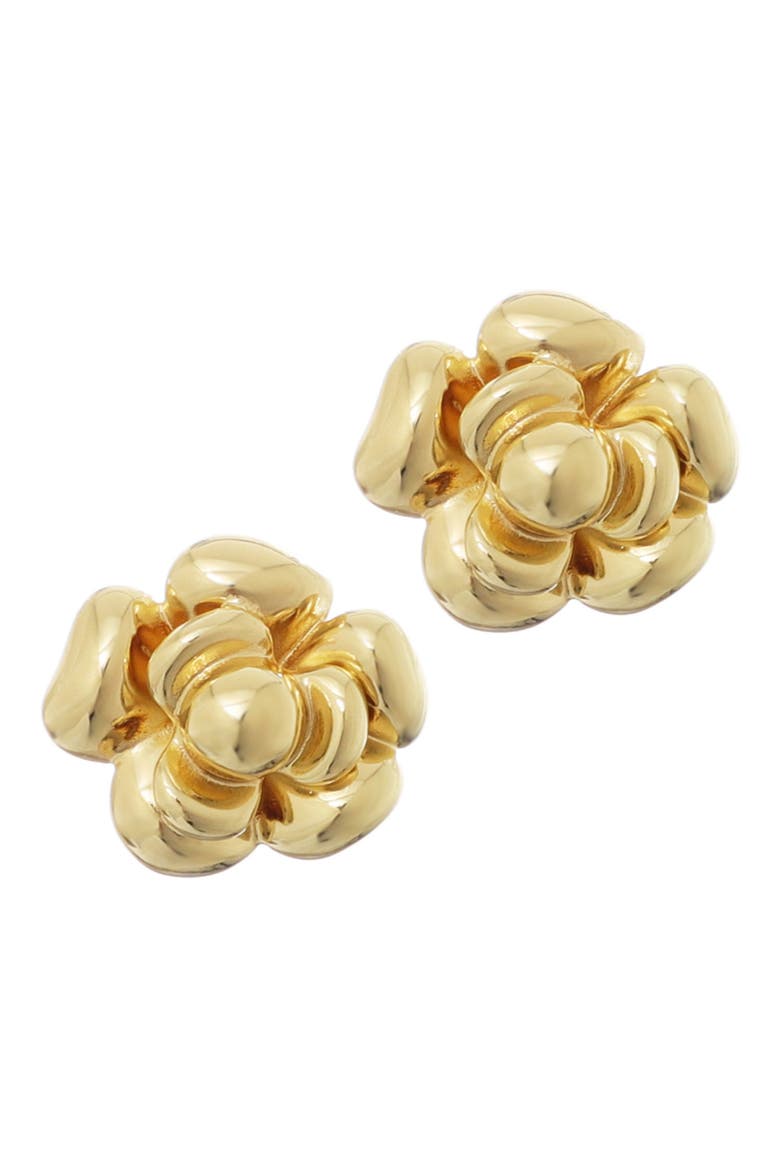 14K Gold Plate Camellia Flower Stud Earrings, Main, color, GOLD