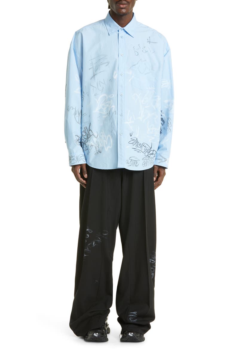 Gender Inclusive Graffiti Print Oversize Cotton Poplin Button-Up Shirt, Alternate, color, SKY BLUE