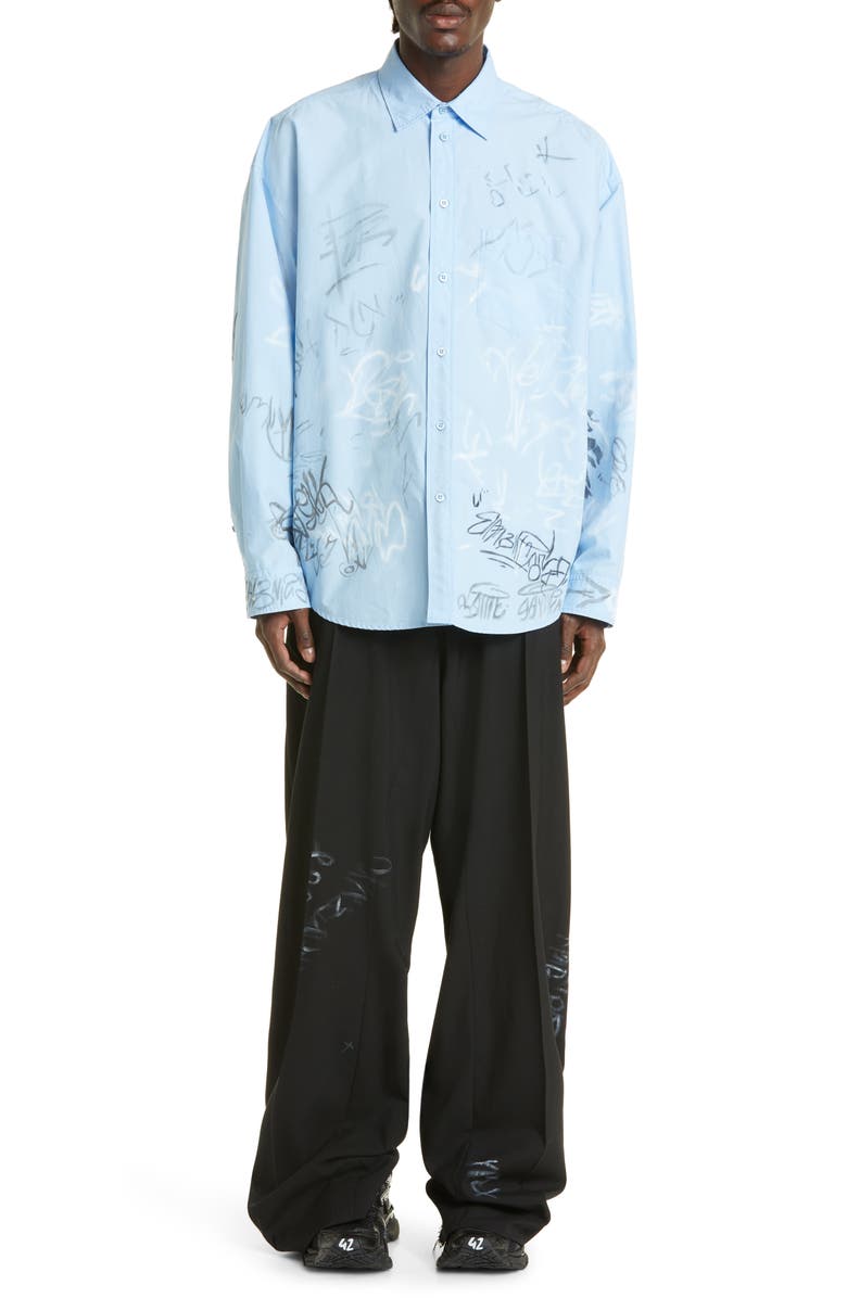Balenciaga Gender Inclusive Graffiti Print Oversize Cotton Poplin Button-Up Shirt, Alternate, color, 