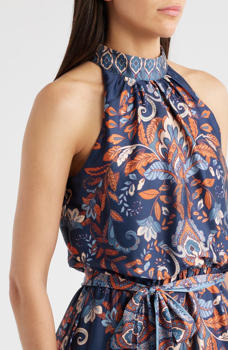 Julia Jordan Sleeveless Tiered Mock Neck Waist Tie Dress, Alternate, color, Navy