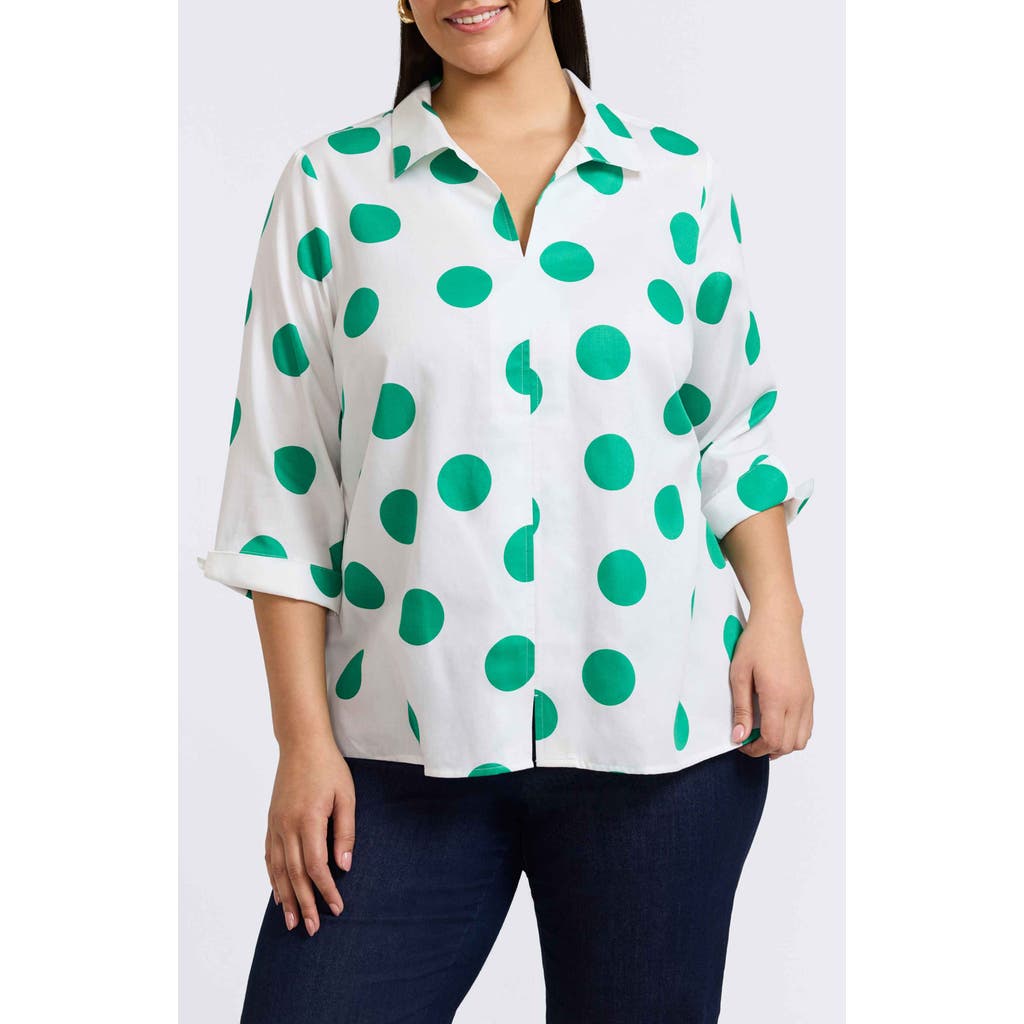 Foxcroft Agnes Dot Print Three-quarter Sleeve Cotton Popover Top In White