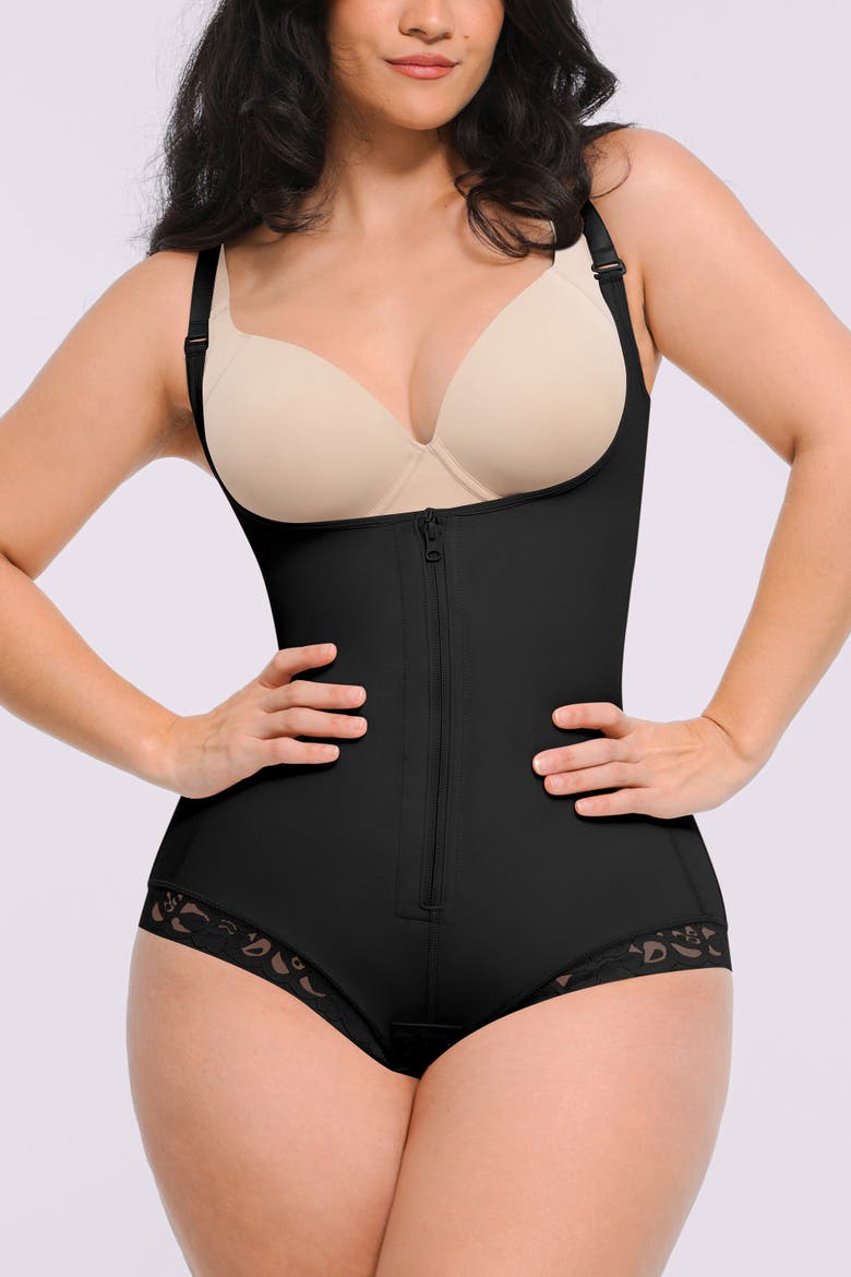 AirSlim® Zipper Front Open Bust Brief Bodysuit, Main, color, Jet Black