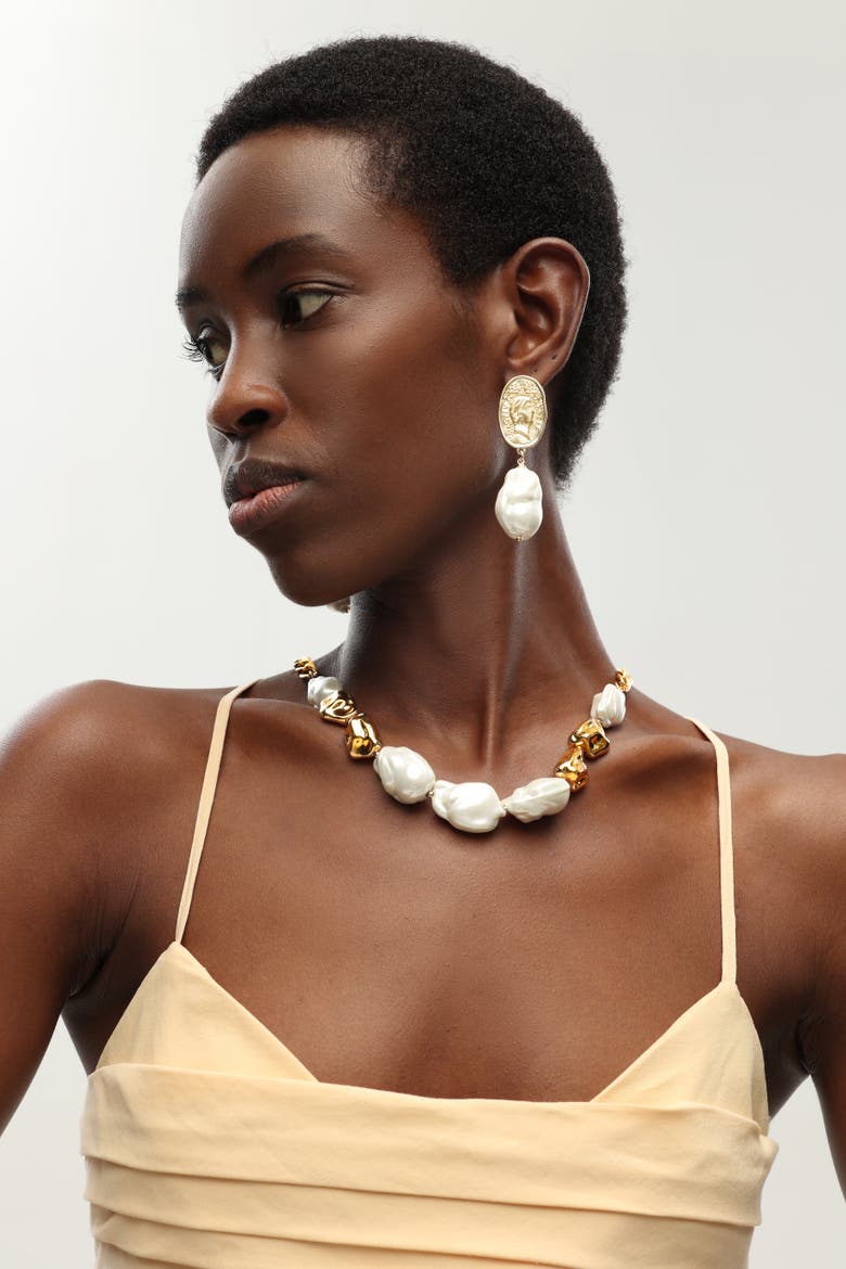 Matted Gold Sculpted Oversized Baroque Pearl Drop Earrings, Alternate, color, Gold