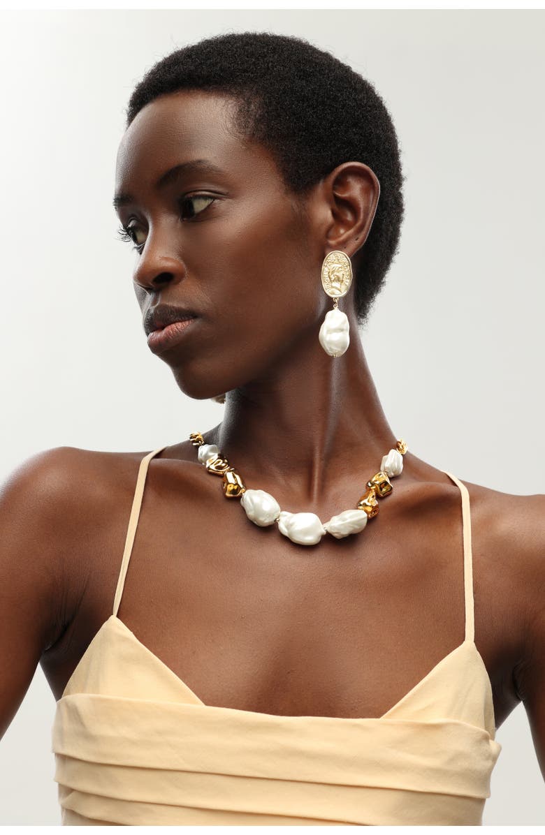 Classicharms Matted Gold Sculpted Oversized Baroque Pearl Drop Earrings, Alternate, color, Gold