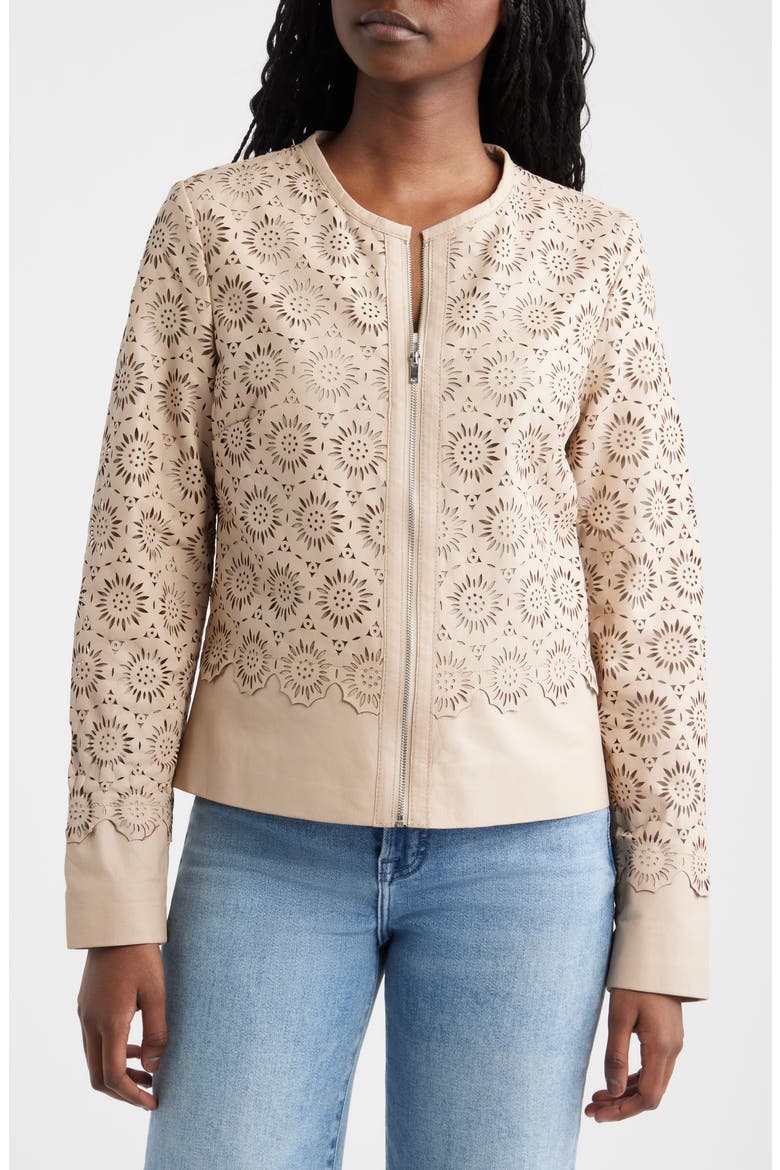 Lacey Laser Cut Leather Jacket, Alternate, color, BONE