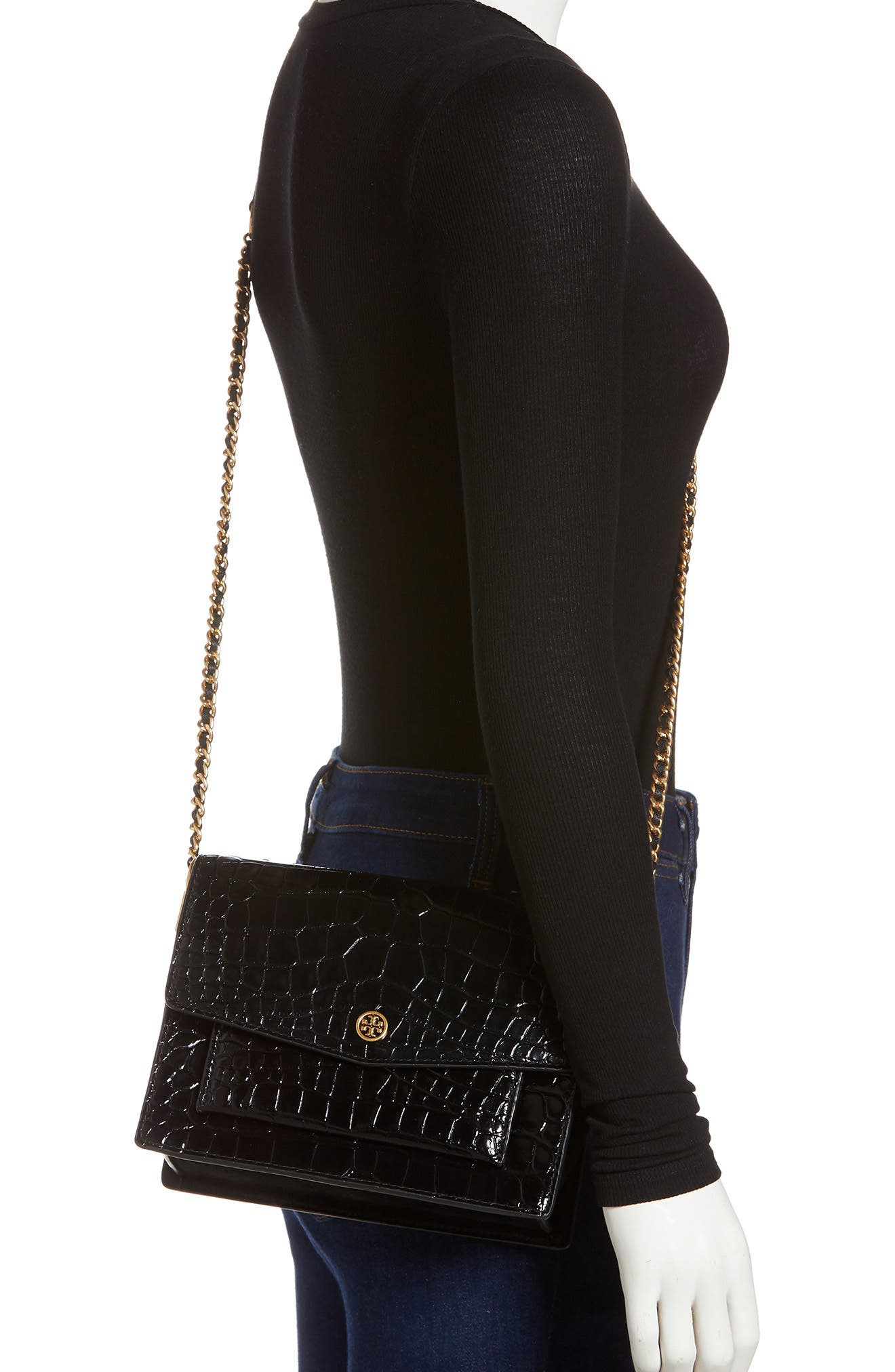 Tory Burch Robinson Embossed Double Strap Leather Flap Bag, Alternate, color, 