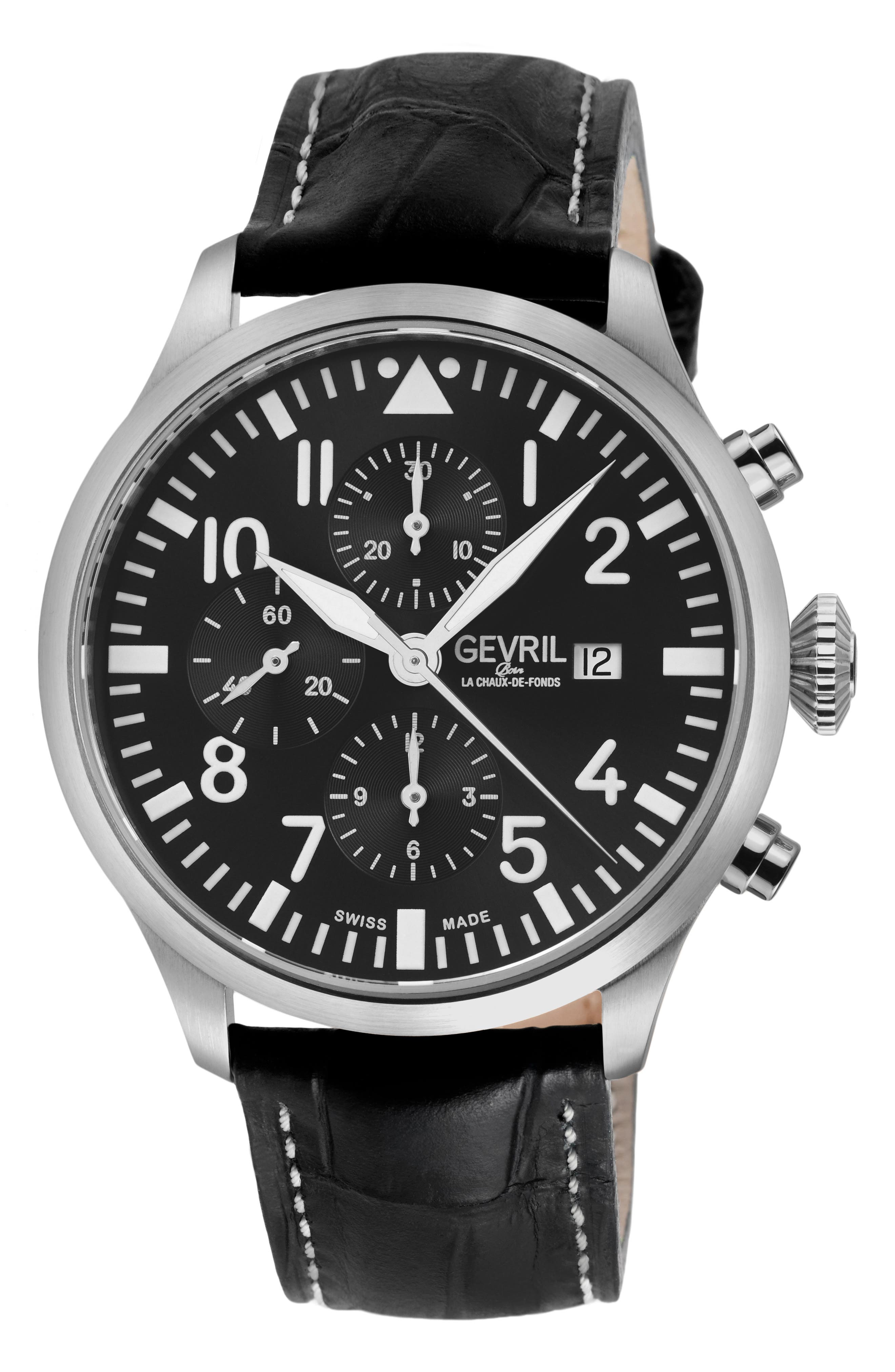 GEVRIL Vaughn Automatic Chronograph Leather Strap Watch, 44mm