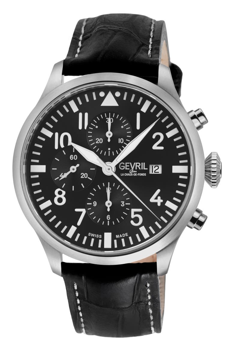 Vaughn Automatic Chronograph Leather Strap Watch, 44mm, Main, color, BLACK