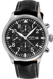 GEVRIL Vaughn Automatic Chronograph Leather Strap Watch, 44mm