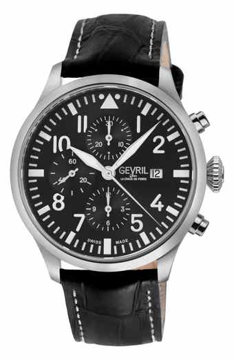 GEVRIL Vaughn Automatic Chronograph Leather Strap Watch, 44mm