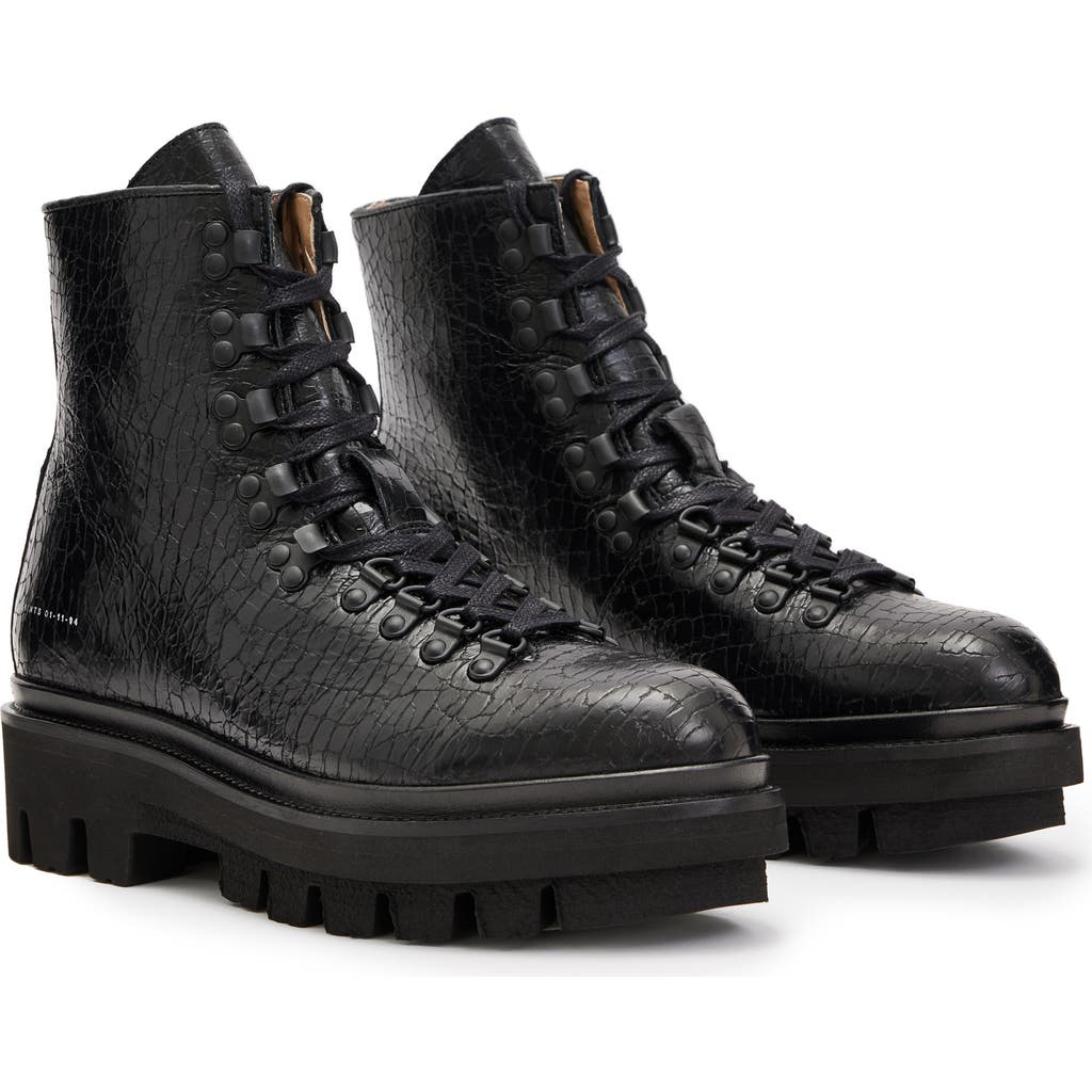 Allsaints Wanda Croc-embossed Leather Lace-up Boots In Black