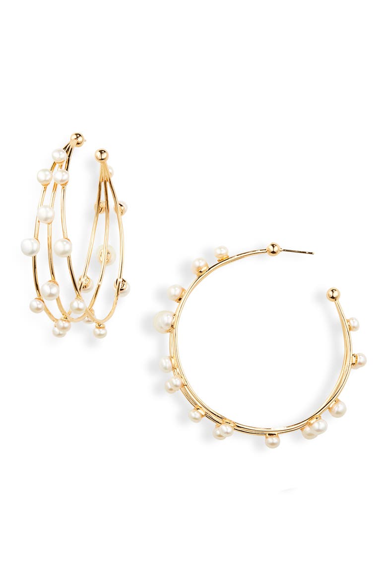 Shanti Imitation Pearl Hoop Earrings, Main, color, GOLD/ PEARL