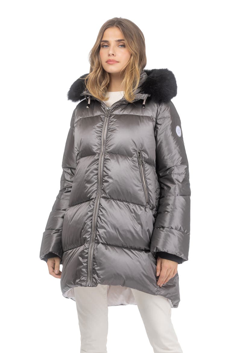 Apres-Ski Horizontal Jacket With Detachable Genuine Shearling Hood Trim, Main, color, GREIGE/BLACK
