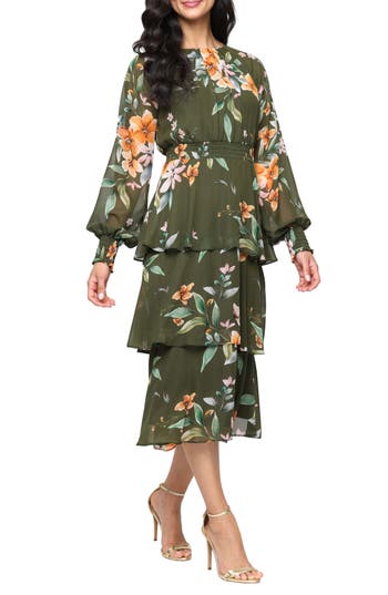 Sl Fashions Long Sleeve Tiered Midi Dress In Multi