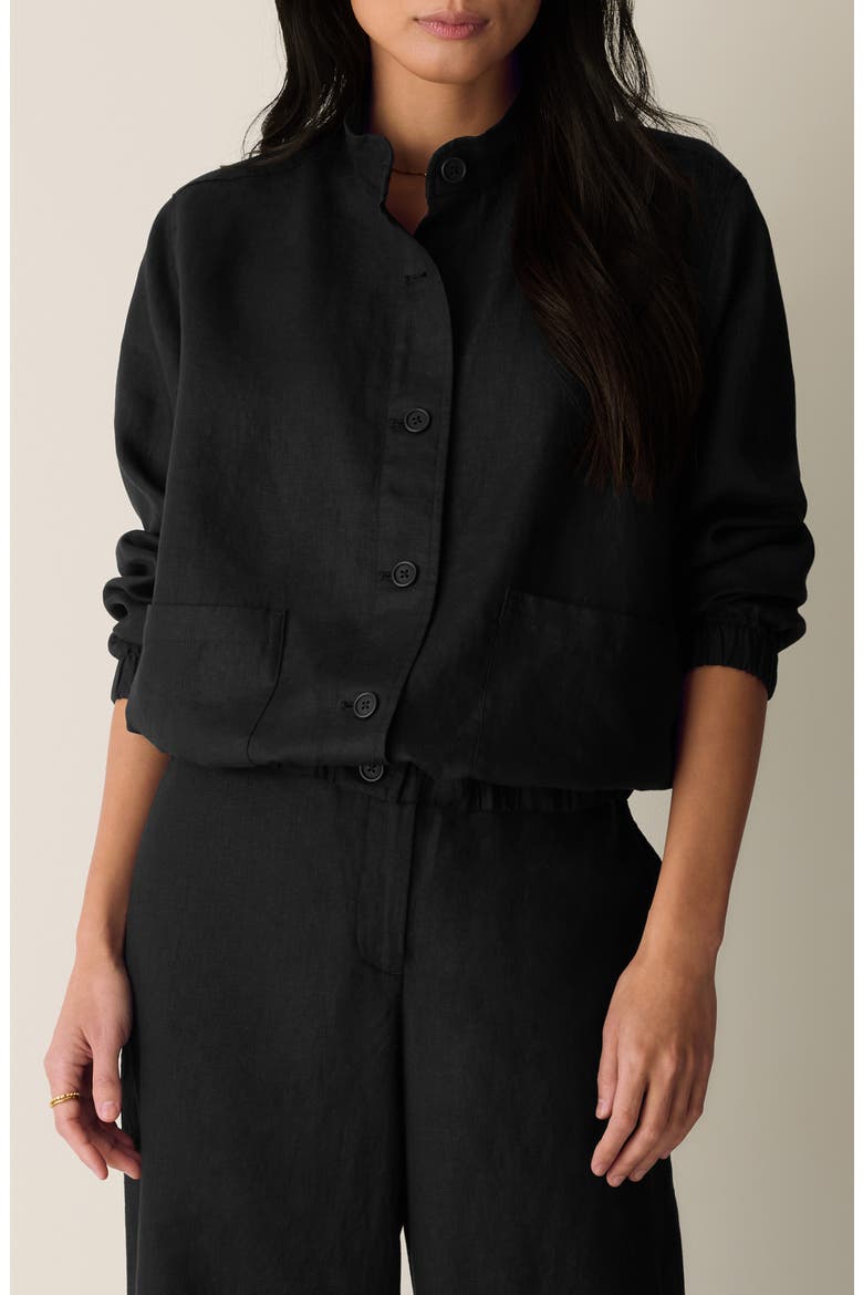 Stand Collar Organic Linen Jacket, Main, color, BLACK