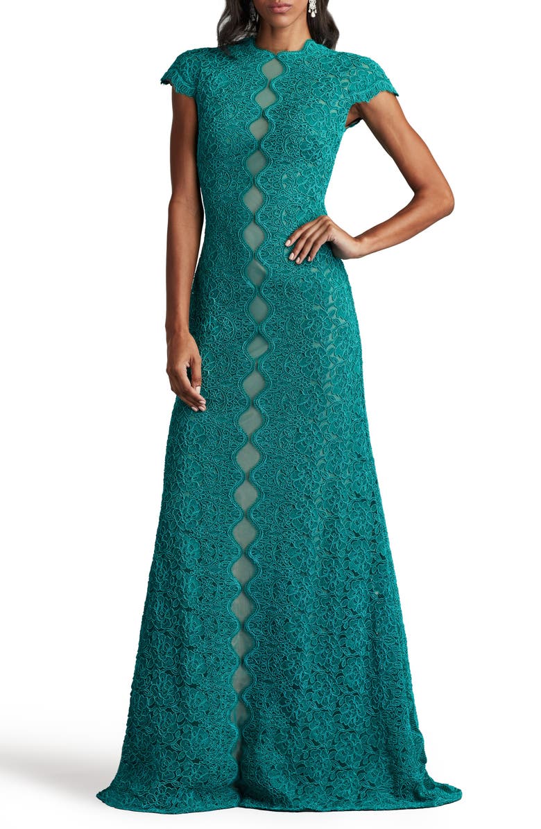 Tadashi Shoji Corded Lace Cap Sleeve Cotton Blend Gown, Main, color, Caribbean