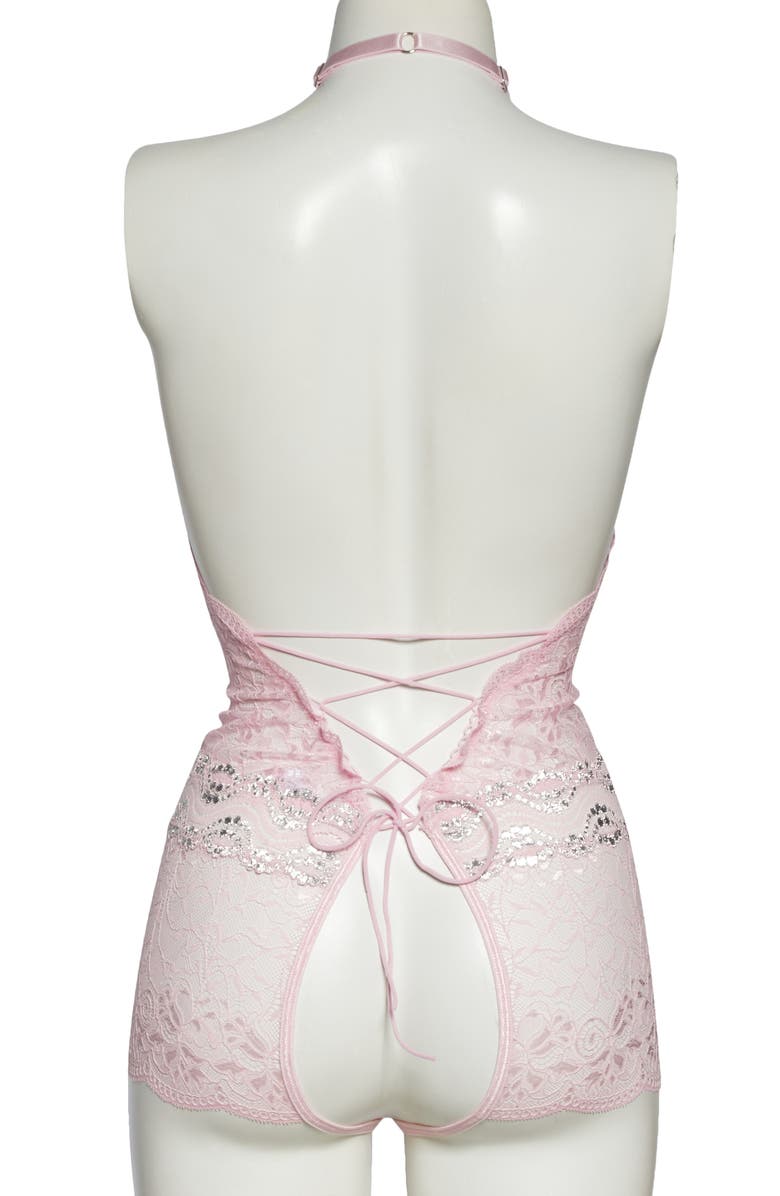Coquette Open Gusset Lace Teddy, Alternate, color, Pink