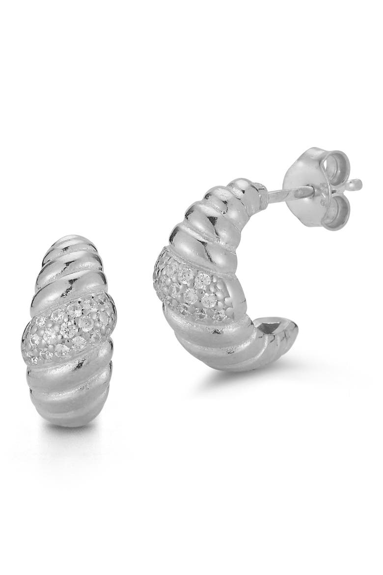 Pavé Cubic Zirconia Twisted Huggie Hoop Earrings, Main, color, SILVER