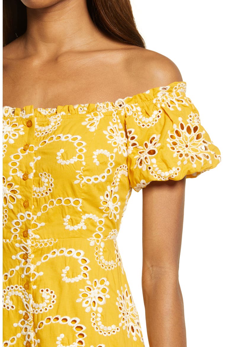 Off the Shoulder Tiered Midi Dress, Alternate, color, MUSTARD