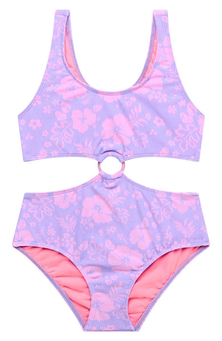 Beach Lingo kids' Hibiscus O-Ring One-Piece Swimsuit, Main, color, Lilac