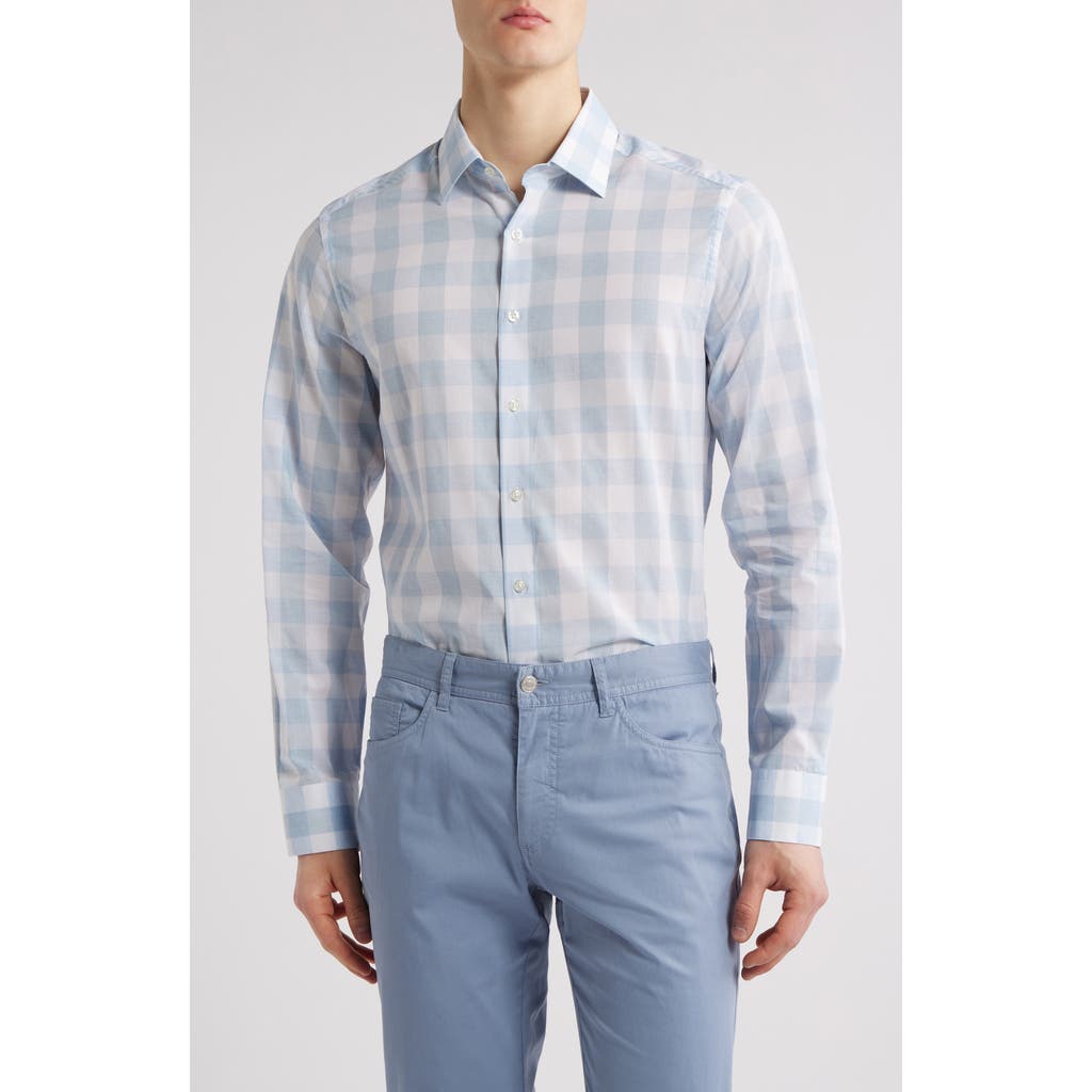 Scott Barber Riviera Buffalo Check Cotton Blend Poplin Button-up Shirt In Sky