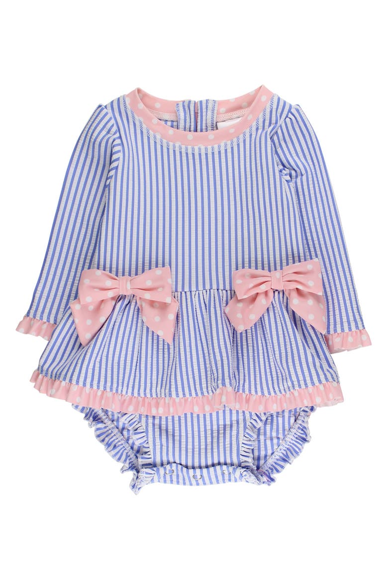 UPF50+ Seersucker Long Sleeve One Piece Bow Peplum Rash Guard Swimsuit, Main, color, Periwinkle Blue Seersucker