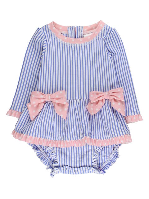 UPF50+ Seersucker Long Sleeve One Piece Bow Peplum Rash Guard Swimsuit